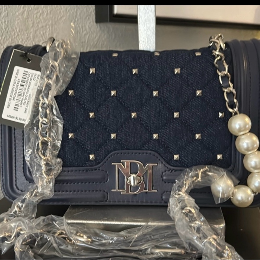 Badgley Mischka Denim Diamond Quilted Crossbody with Pearls
